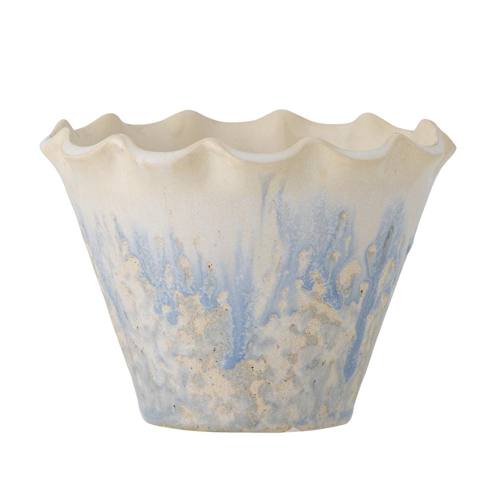 Bloomingville Bertha Blumentopf – Steingut in Blau-Beige mit gewelltem Rand, Ø14 cm