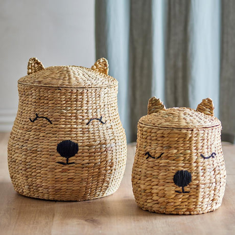 Bloomingville MINI Berny Korb mit Deckel natur - 2er Set Aufbewahrungskorb Kinderzimmer Bär Deko