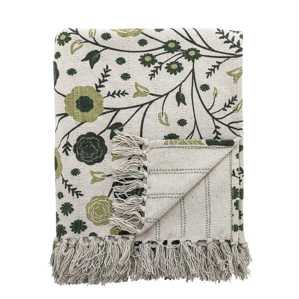 Bloomingville Eydis Decke 160x130 cm grün - Plaid aus recycelter Baumwolle mit Blumenmuster für Sofa
