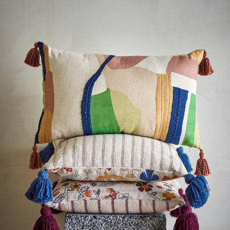 Bloomingville Artista Kissen bunt - Baumwollkissen mit Stickerei & Quasten für Sofa & Deko