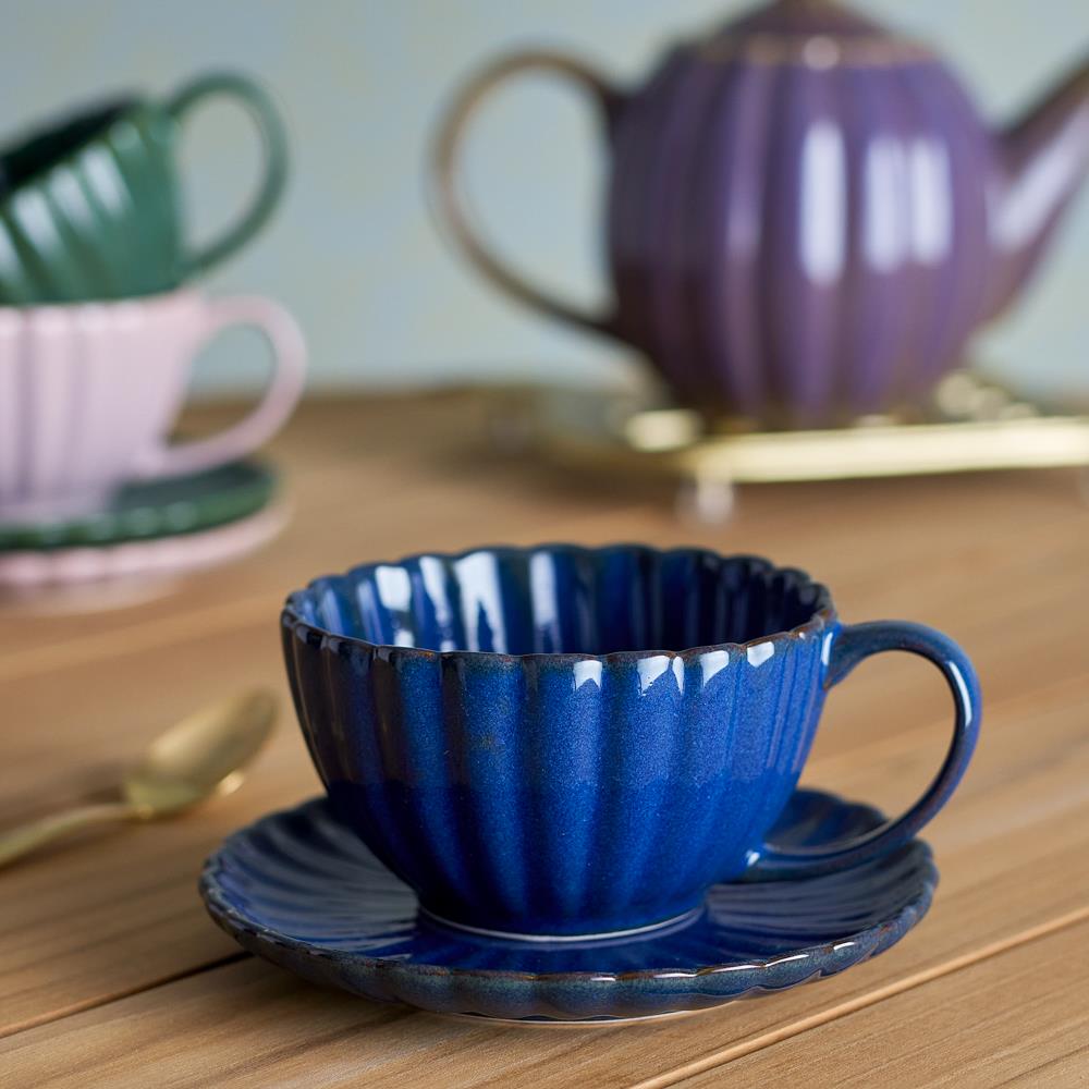 Bloomingville Latina Tasse mit Untertasse Blau Steingut 180ml