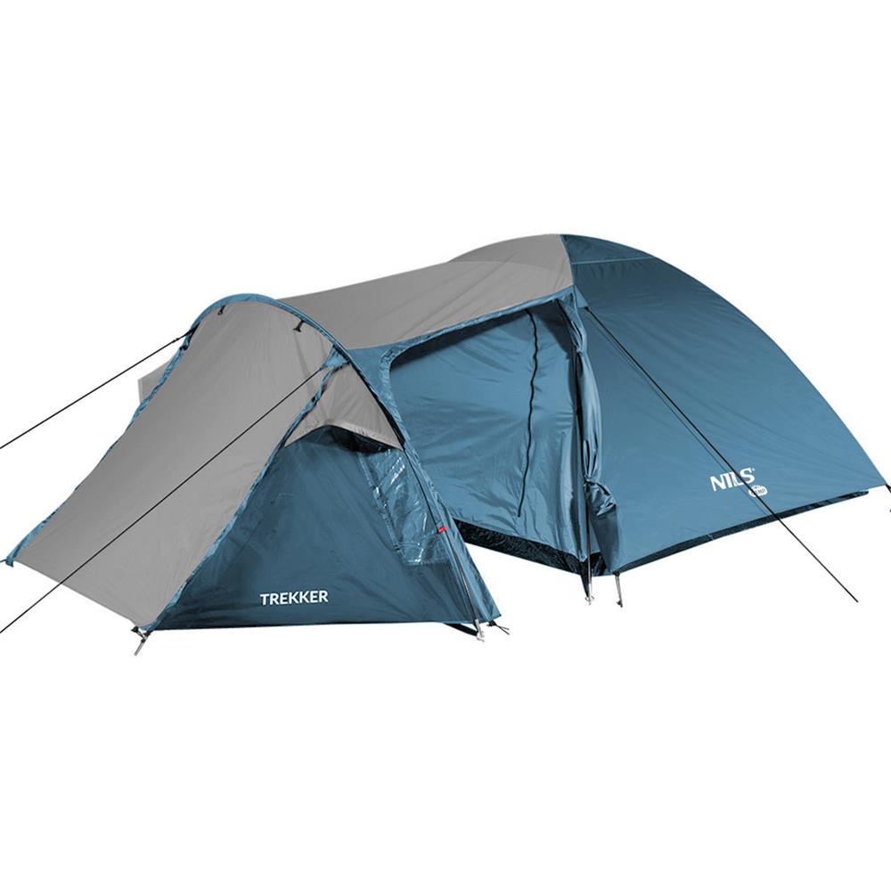 NILS CAMP Trekker Zelt für 4 Personen in Blau-Grau - Campingzelt mit Vorraum für Outdoor, Familie & Trekking
