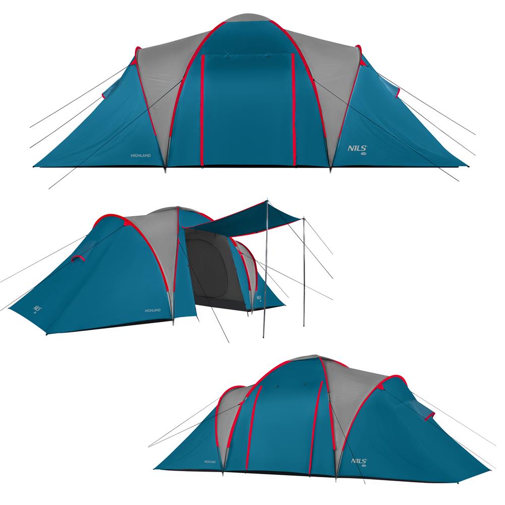 NILS CAMP Highland Zelt für 6 Personen Blau-Grau - großes Familienzelt mit Vorraum für Camping & Outdoor