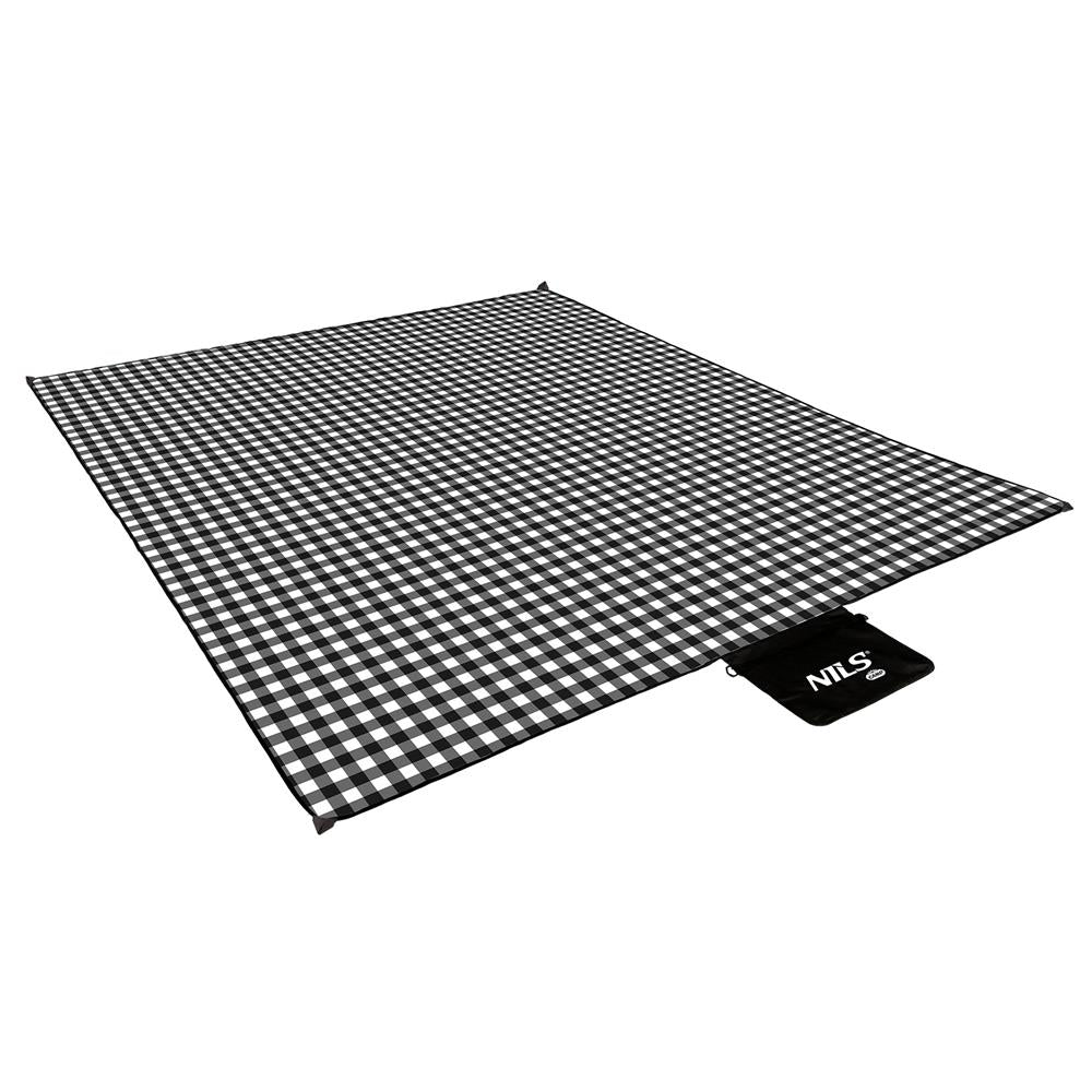 NILS CAMP Picknickdecke Schwarz/Weiß karriert 200x200 cm - große Outdoor Decke für Strand, Garten & Camping