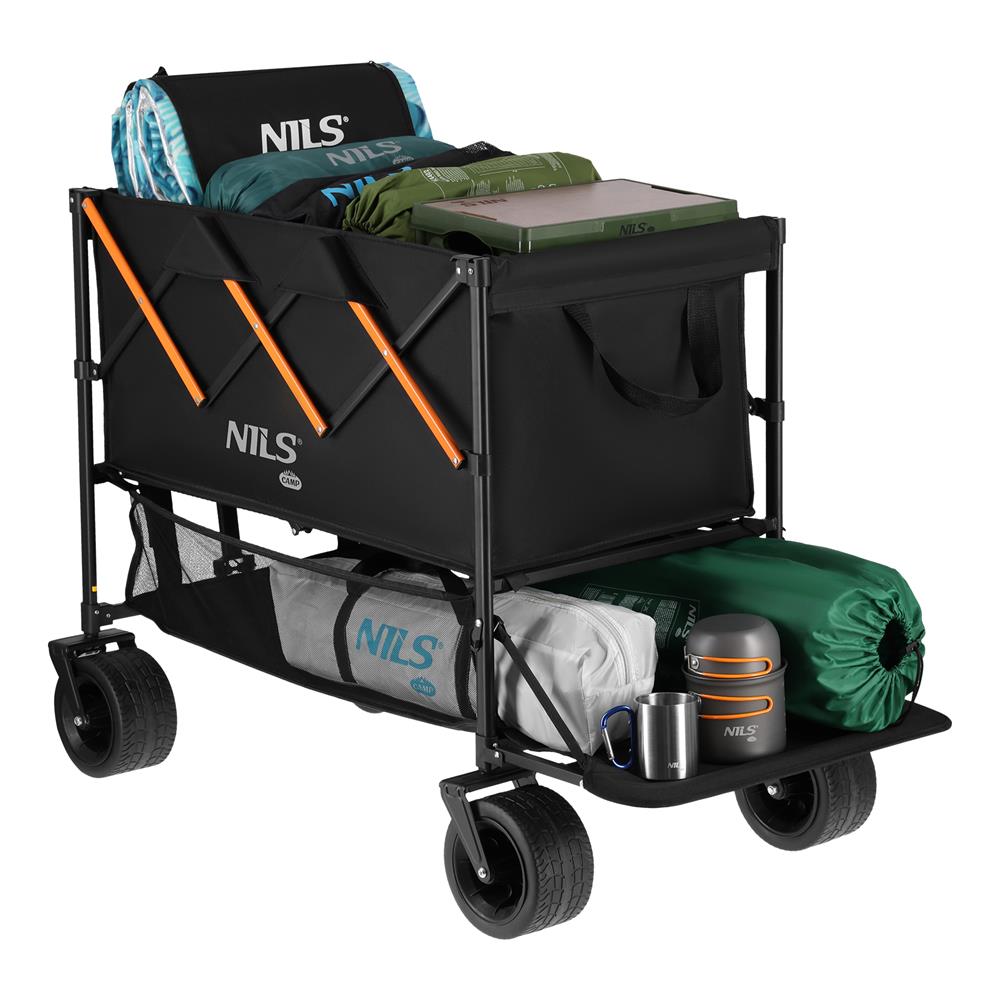 NILS CAMP Bollerwagen XXL 160L in Schwarz Orange - faltbarer Campingwagen mit Netzablage