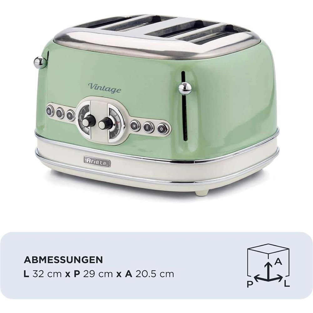 Ariete Vintage Toaster, Grün, 4-Scheiben-Toaster mit 6 Bräunungsstufen, 1600W