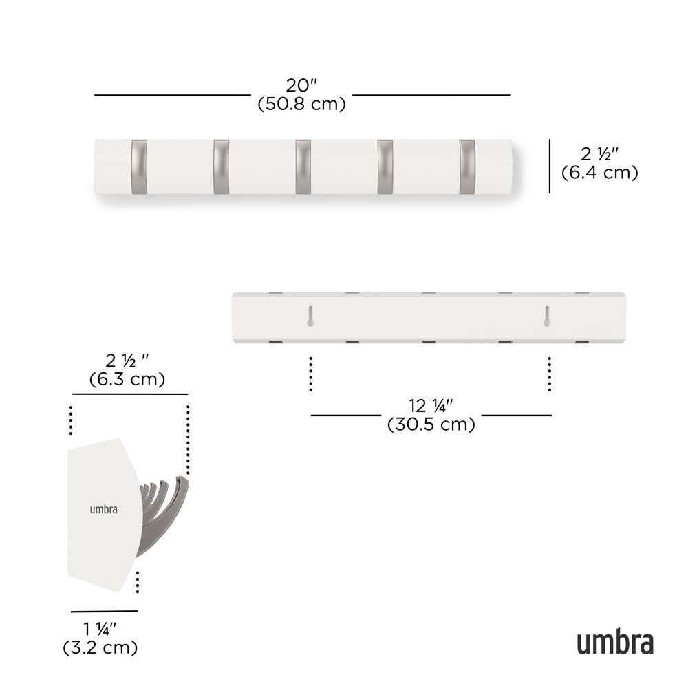 Umbra Flip Wandgarderobe, Garderobenleiste in Weiß, mit 5 beweglichen Haken in Silber