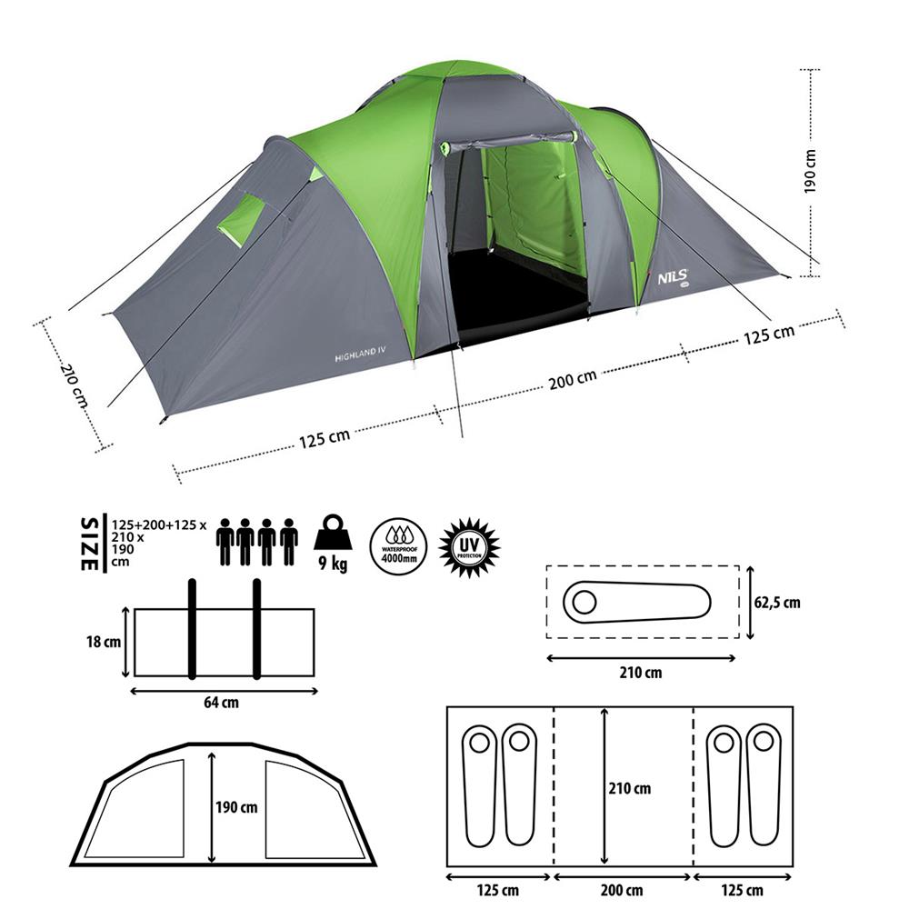 NILS CAMP Highland IV Zelt für 4 Personen Grau-Grün - großes Familienzelt mit Vorraum für Camping & Outdoor