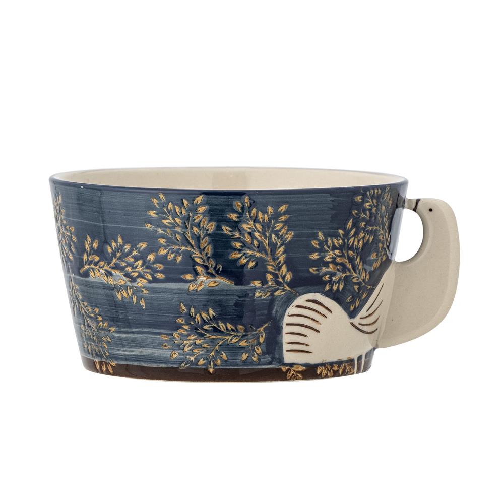 Bloomingville Hezha Schale Blau – Handbemalte Steingutschale mit Vogelmotiv, 460 ml