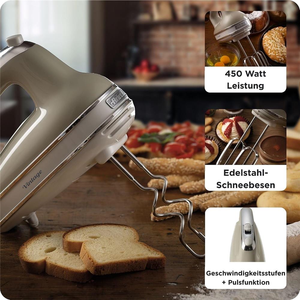 Ariete Vintage Handmixer, Beige, Elektrischer Mixer 450W, 5 Stufen Turbo, Schneebese, Knethaken
