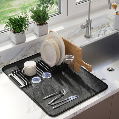 Umbra Udry Geschirr Abtropfgestell und Mikrofaser Abtropfmatte, Faltbar, Platzsparend, 61 x 45 cm, in Schwarz