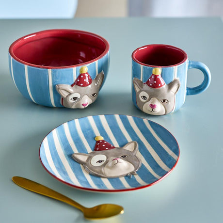 Bloomingville MINI Party Geschirr Set 3-teilig bunt - Kinder Geschirr mit Katzenmotiv für Tisch & Küche
