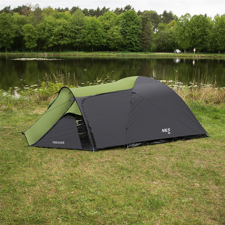 NILS CAMP Trekker Zelt für 4 Personen in Grün-Grau - Campingzelt mit Vorraum für Outdoor, Familie & Trekking