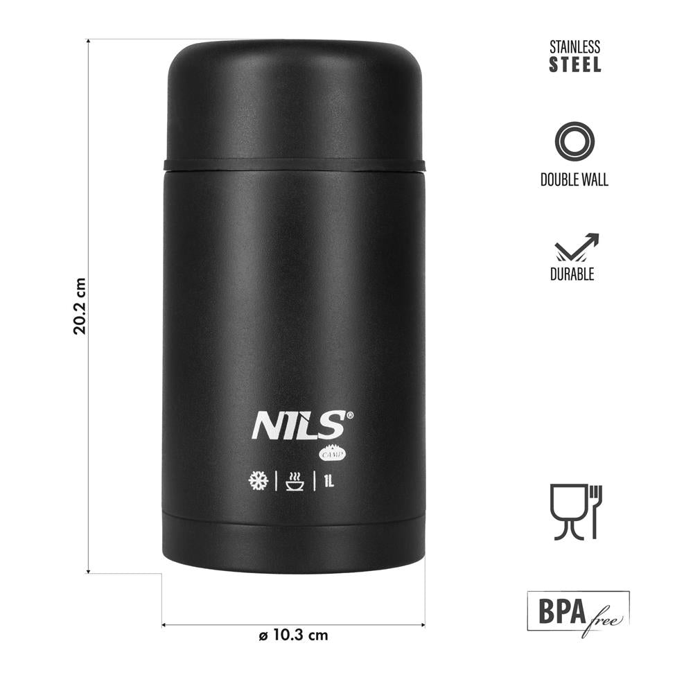 NILS CAMP Thermobehälter 1L Edelstahl schwarz Lunchbox für Essen warm kalt