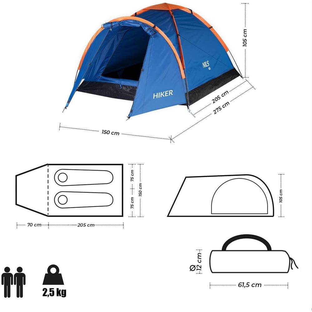 NILS CAMP Hiker Zelt für 2 Personen in Blau - kompaktes Campingzelt mit Vorraum für Camping & Outdoor