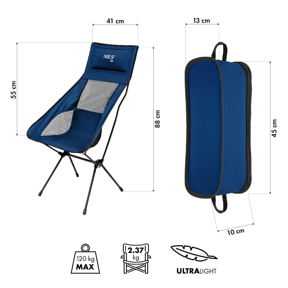 NILS CAMP ultraleichter Klappstuhl in Marineblau - kompakter Campingstuhl mit hoher Rückenlehne