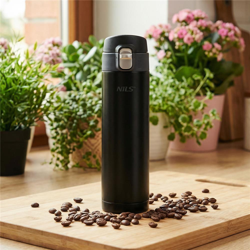 NILS Thermobecher 500 ml Edelstahl schwarz auslaufsicher für Camping Reisen Alltag