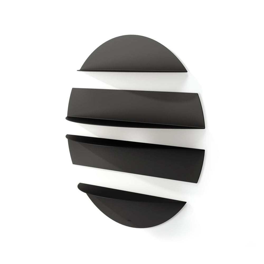 Umbra Solis Wandregal in Schwarz, rundes Metallregal mit 4 separaten Ablageelementen