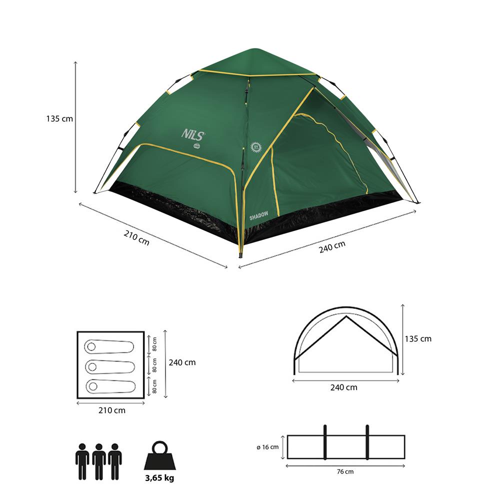 NILS CAMP Shadow 2 Zelt für 3 Personen in Grün - Campingzelt mit Vorraum & Moskitonetz für Outdoor