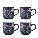 Bloomingville Meredith Tasse 4er Set bunt - Steingut Tassen mit Blumen & Vogelmotiv für Küche & Tischdeko