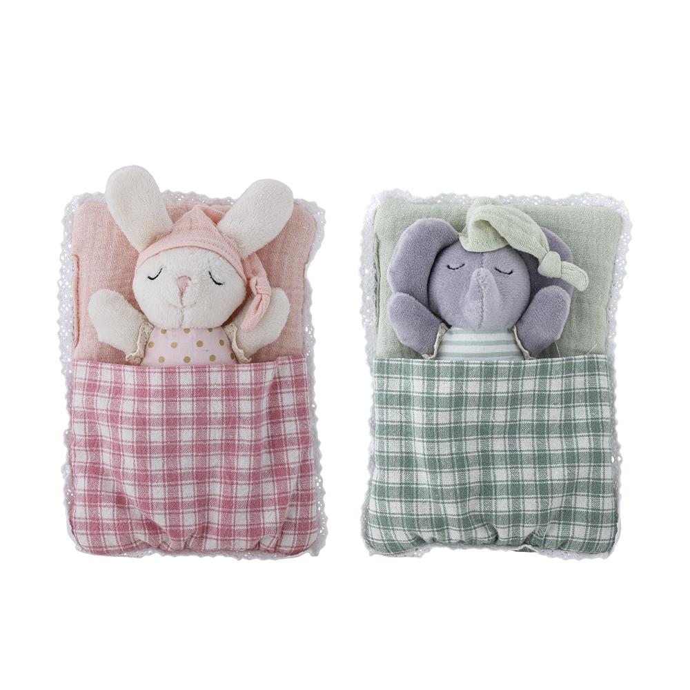 Bloomingville MINI Elie Puppe bunt - 2er Set Kuschelpuppen Hase & Elefant für Baby & Kinderzimmer