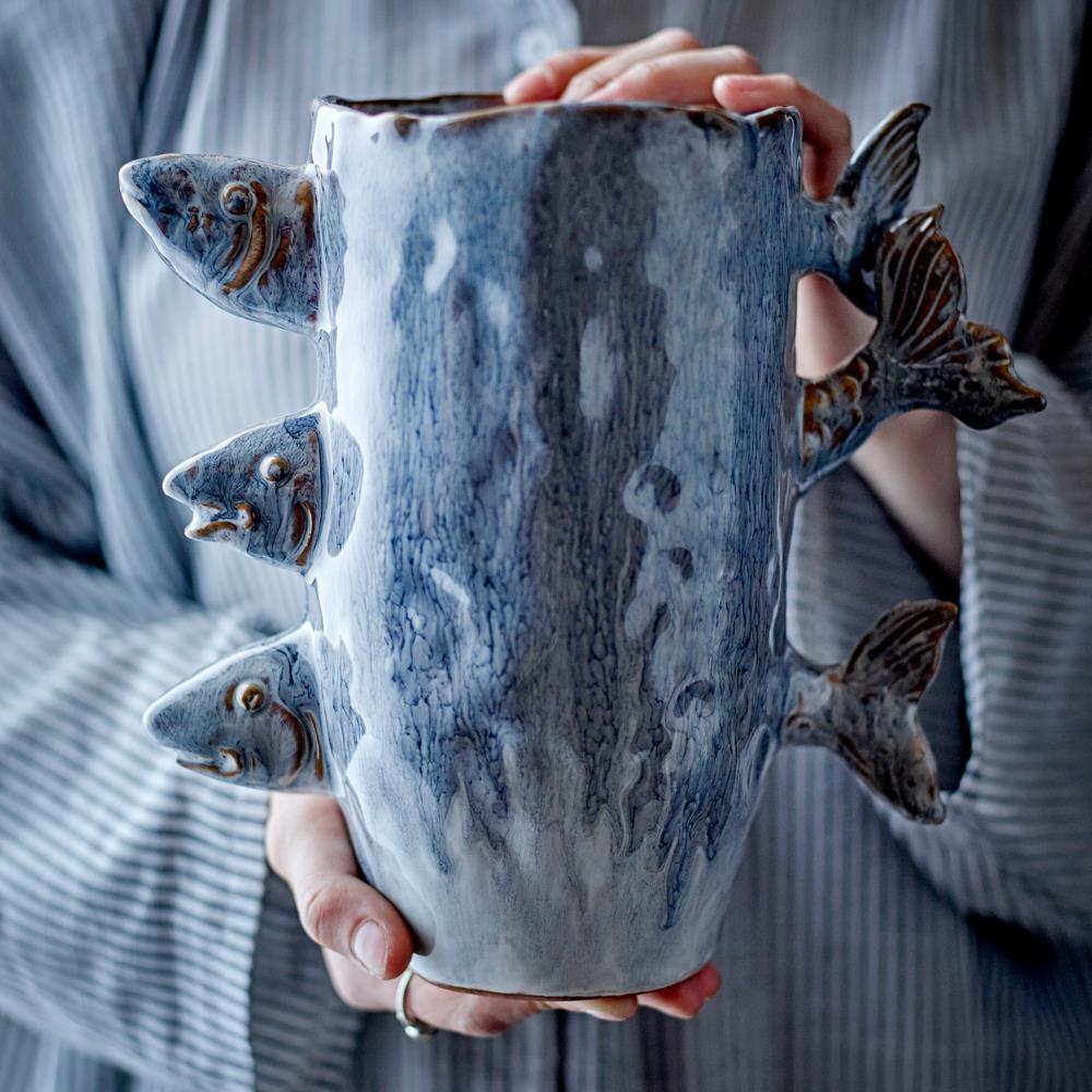 Bloomingville Tace Vase blau Steingut Fisch Design Deko Vase Wohnzimmer Tischdeko