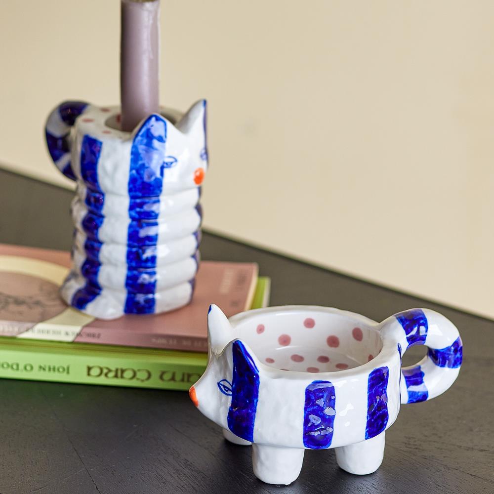 Bloomingville Caty Kerzenhalter aus Steingut in Blau – Katzen Kerzenhalter Set für Wohnzimmer
