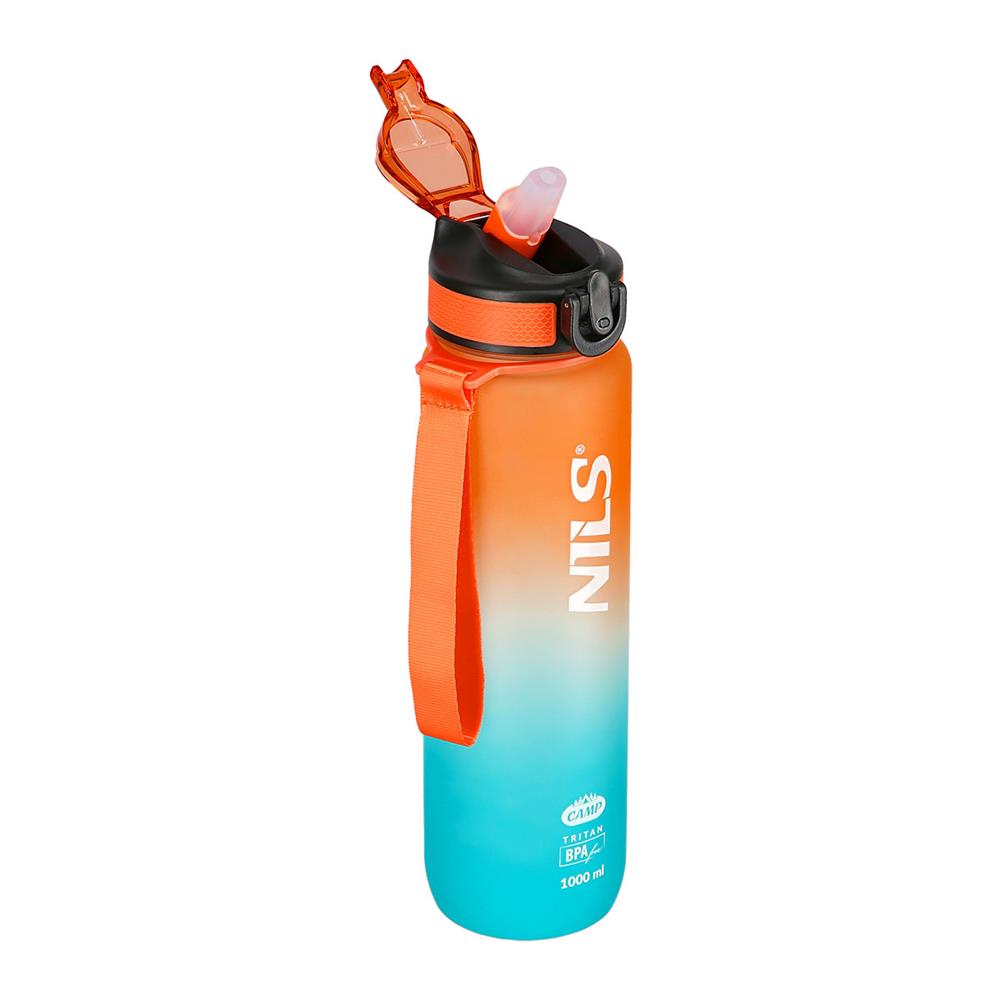 NILS CAMP Trinkflasche Tritan 1000 ml mit Strohhalm orange-blau für Outdoor Sport Reisen
