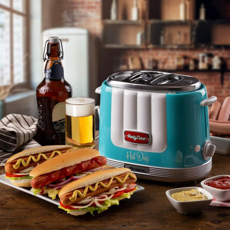 Ariete Party Time Hot Dog Maker, Blau, Brötchen und Würstchen Toaster, Retro-Design, 50er Jahre-Stil