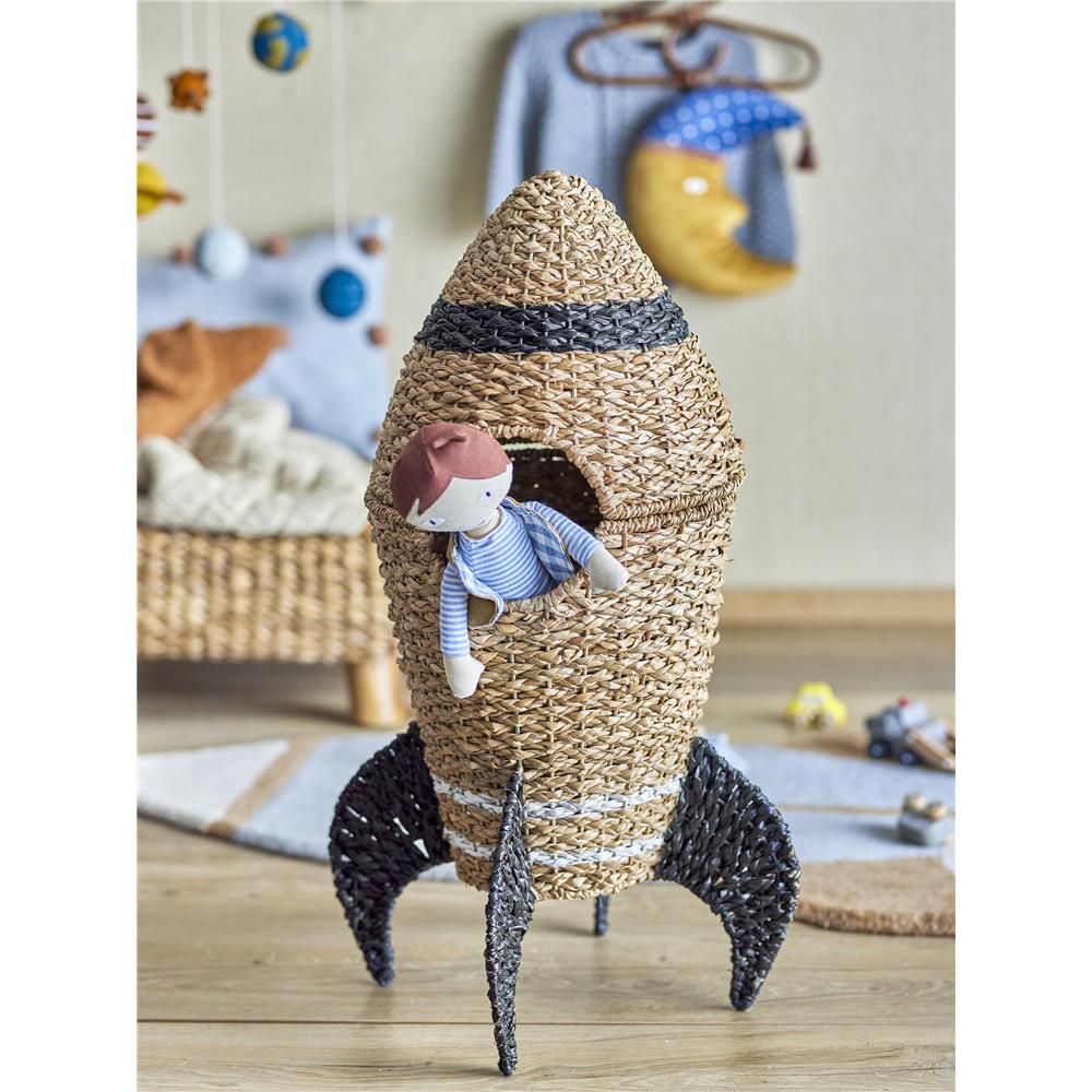 Bloomingville MINI Cosmina Korb braun/schwarz mit Deckel Rakete Seegras Aufbewahrungskorb Kinderzimmer