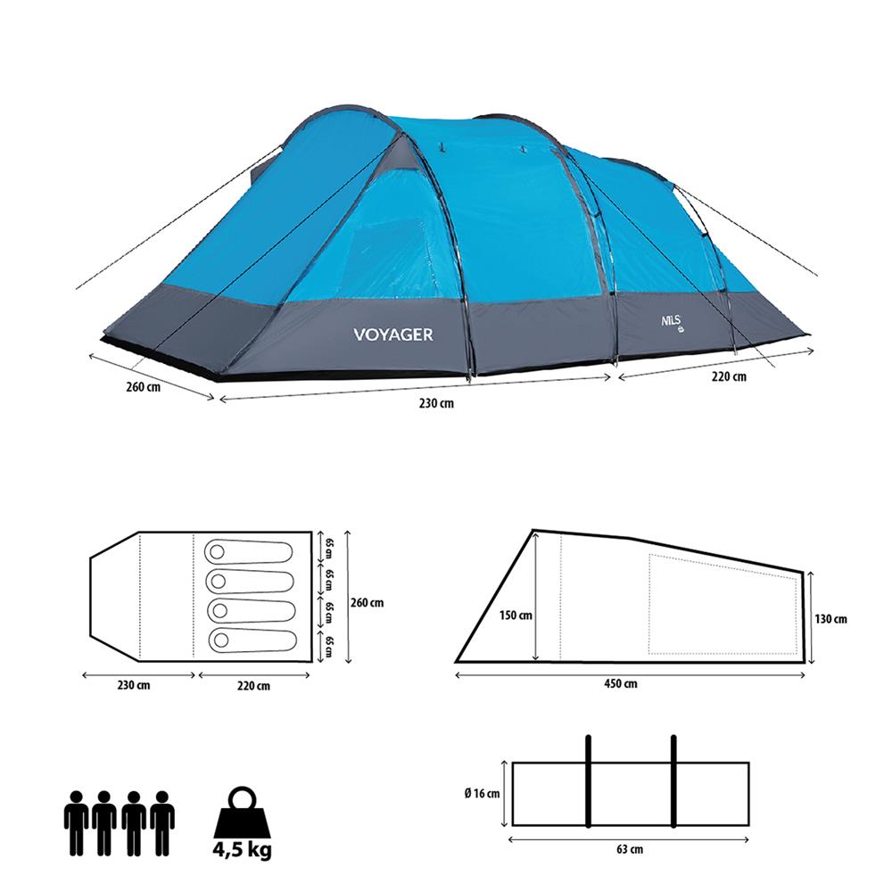 NILS CAMP Voyager Zelt für 4 Personen - Campingzelt mit Vorraum für Outdoor, Trekking & Familie