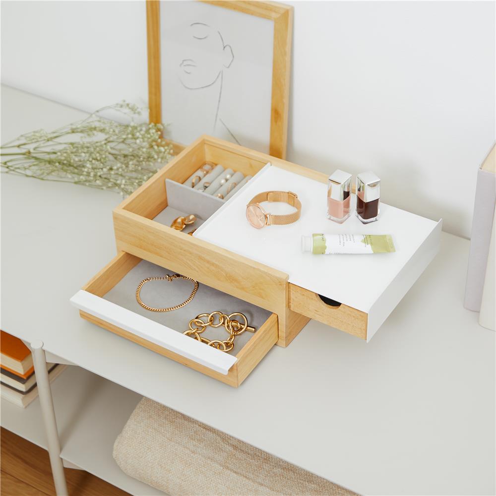 Umbra Stowit Design Schmuckkasten Weiß/Natur moderne Schmuck Box mit Geheimfächern für Ringe Armbänder Uhren Halsketten Ohrringe und Accessoires