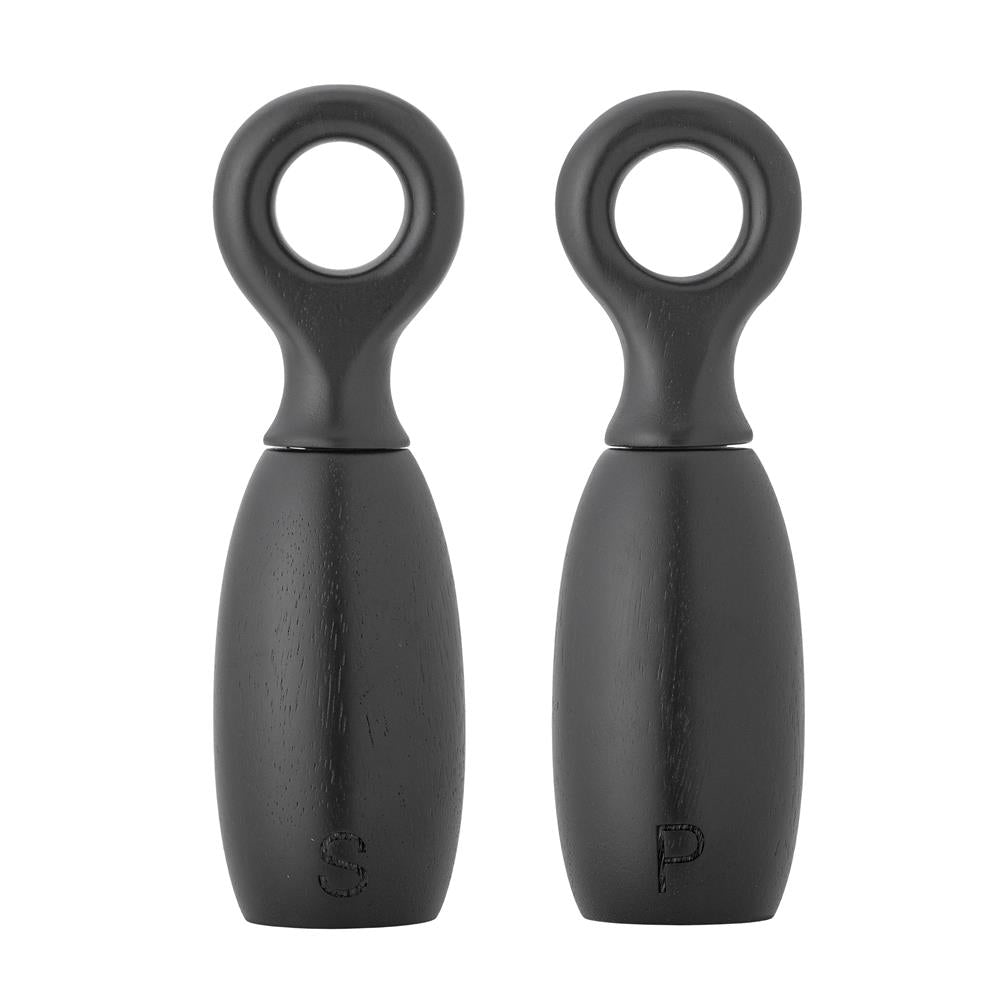 Bloomingville Martim Salz- und Pfeffermühlen-Set – Schwarzes Gummibaumholz, 2er Set mit Grifföffnung