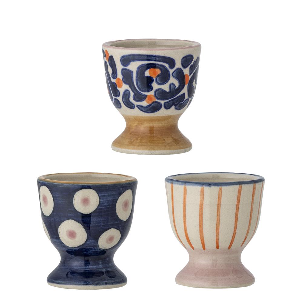 Bloomingville Eviaya Eierbecher 3er Set, Blau – handbemalte Steingut-Eierbecher