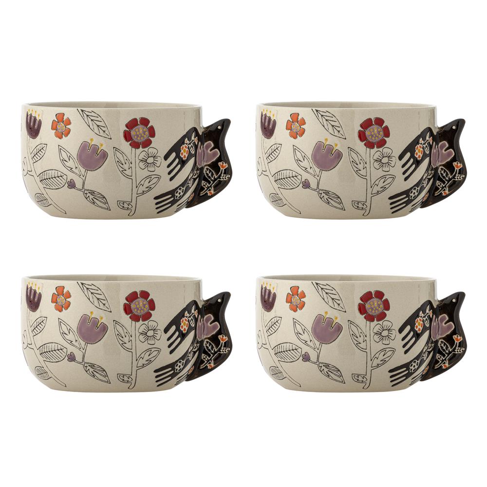 Bloomingville Vivielle Schale 4er Set 720 ml D13 cm beige - Steingutschalen mit Vogelmotiv für Tischdeko