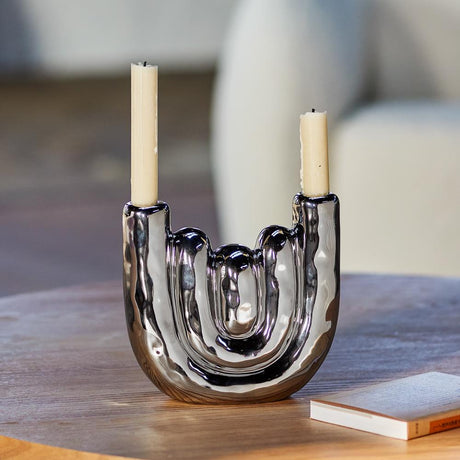 Bloomingville Shine Kerzenhalter silber - Steingut Kerzenständer modern für Tischdeko Wohnzimmer