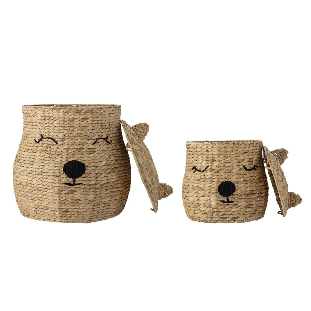 Bloomingville MINI Berny Korb mit Deckel natur - 2er Set Aufbewahrungskorb Kinderzimmer Bär Deko