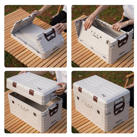 NILS CAMP faltbare Reisebox 42L in Beige - stapelbare Campingbox mit Organizerfächern