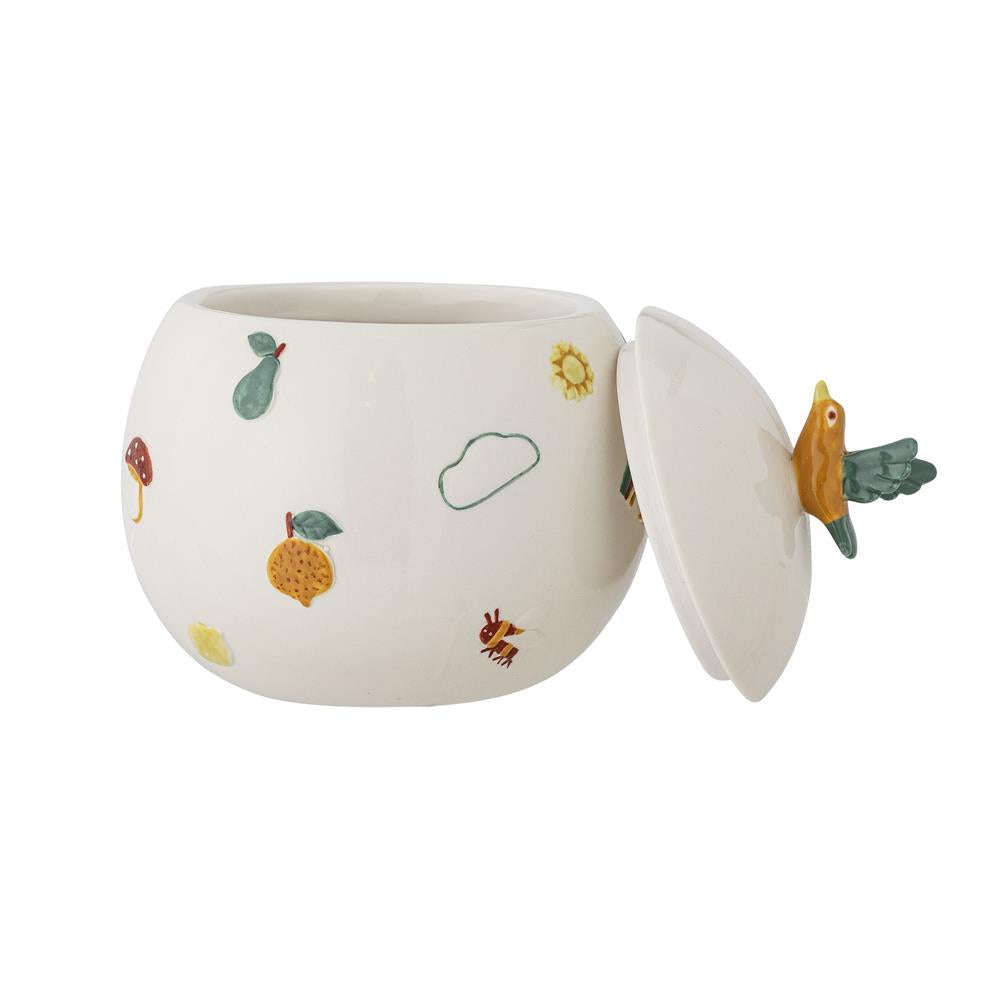 Bloomingville MINI Agnes Gefäß mit Deckel, Vogel, Weiß, Steingut