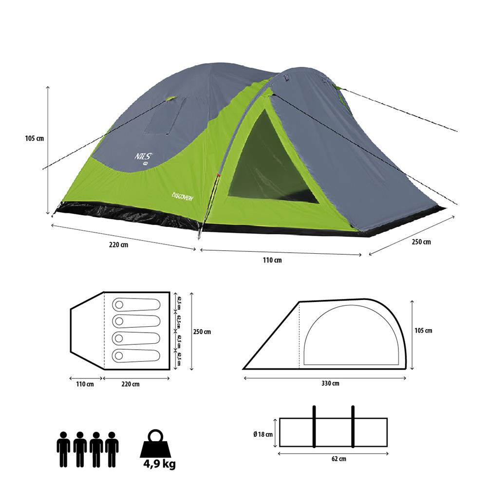 NILS CAMP Discovery Zelt für 4 Personen in Grün-Grau - Campingzelt mit Vorraum für Outdoor & Familie