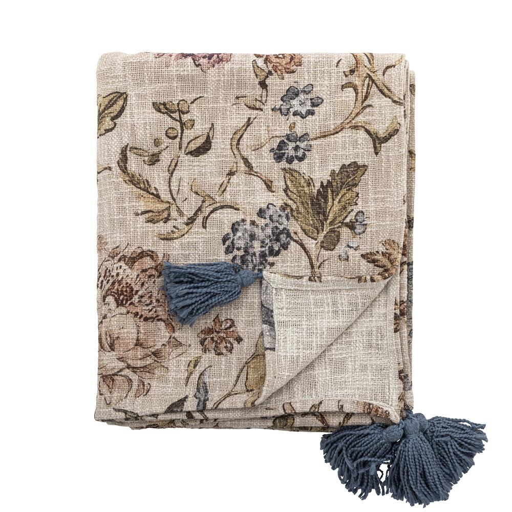 Bloomingville Yoti Decke 152x127 cm bunt - Baumwolldecke mit Blumenmuster & Quasten für Sofa