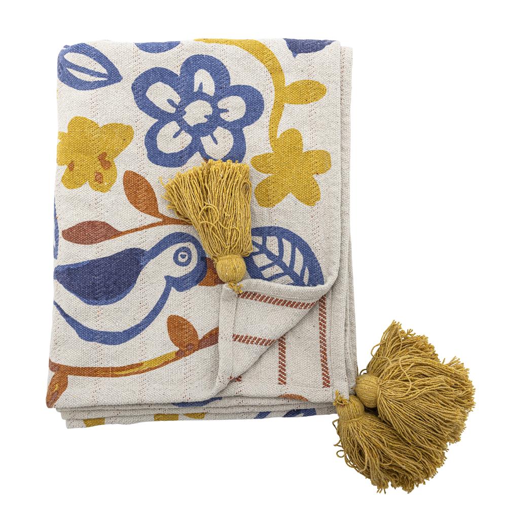 Bloomingville Figuria Decke bunt - Plaid mit Vogelmotiv aus Baumwolle für Sofa Wohnzimmer