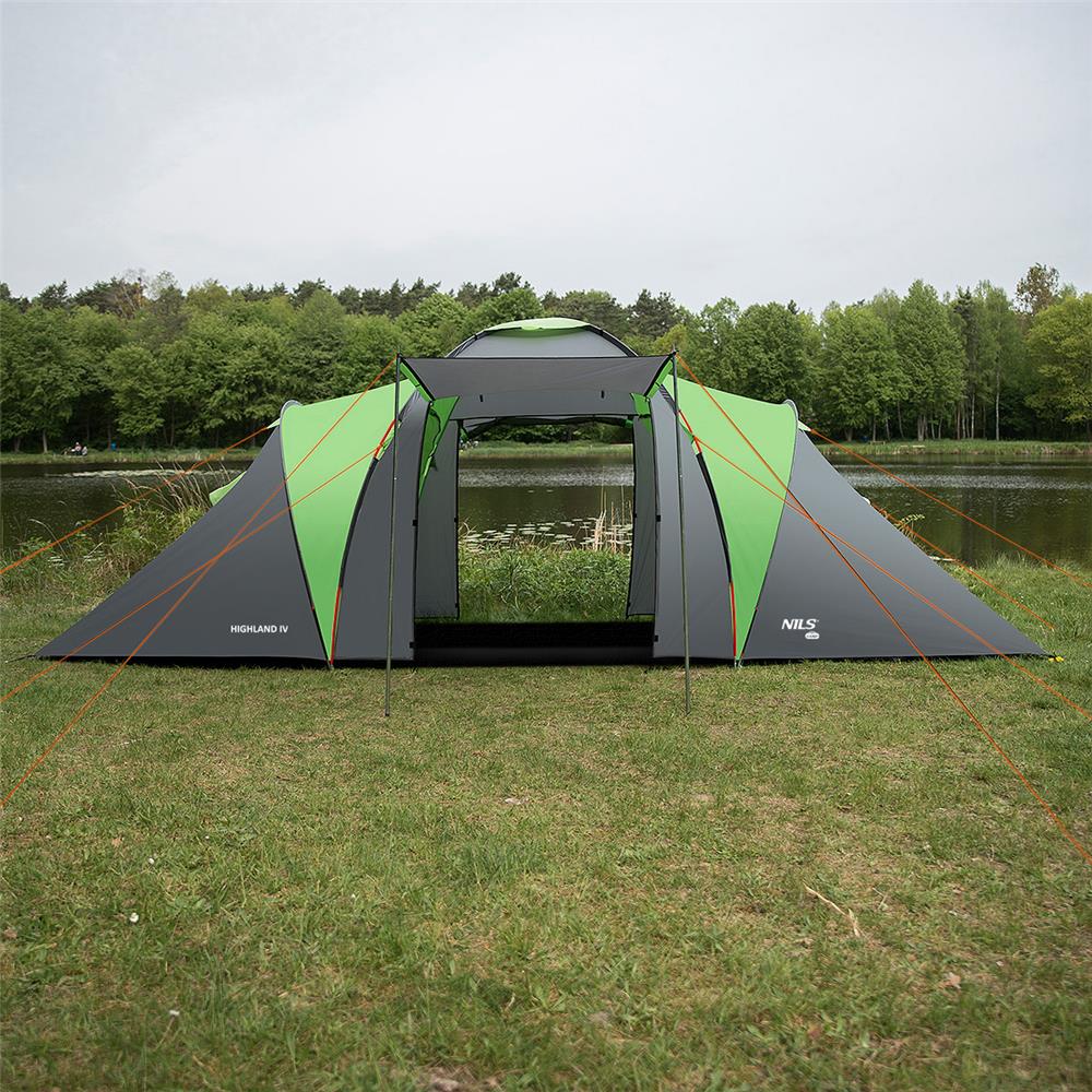 NILS CAMP Highland IV Zelt für 4 Personen Grau-Grün - großes Familienzelt mit Vorraum für Camping & Outdoor