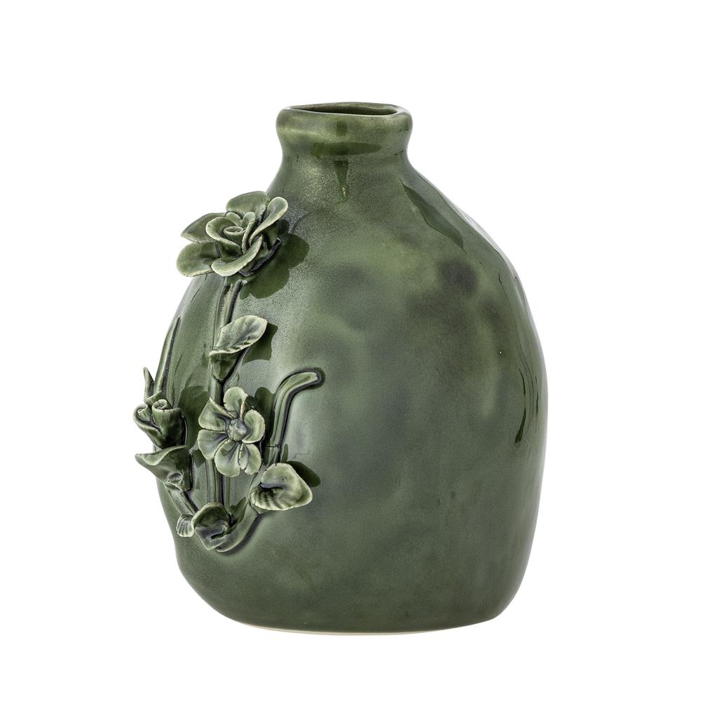 Bloomingville Ramia Vase grün - Steingut Vase mit Blumenrelief für Wohnzimmer & Dekoration