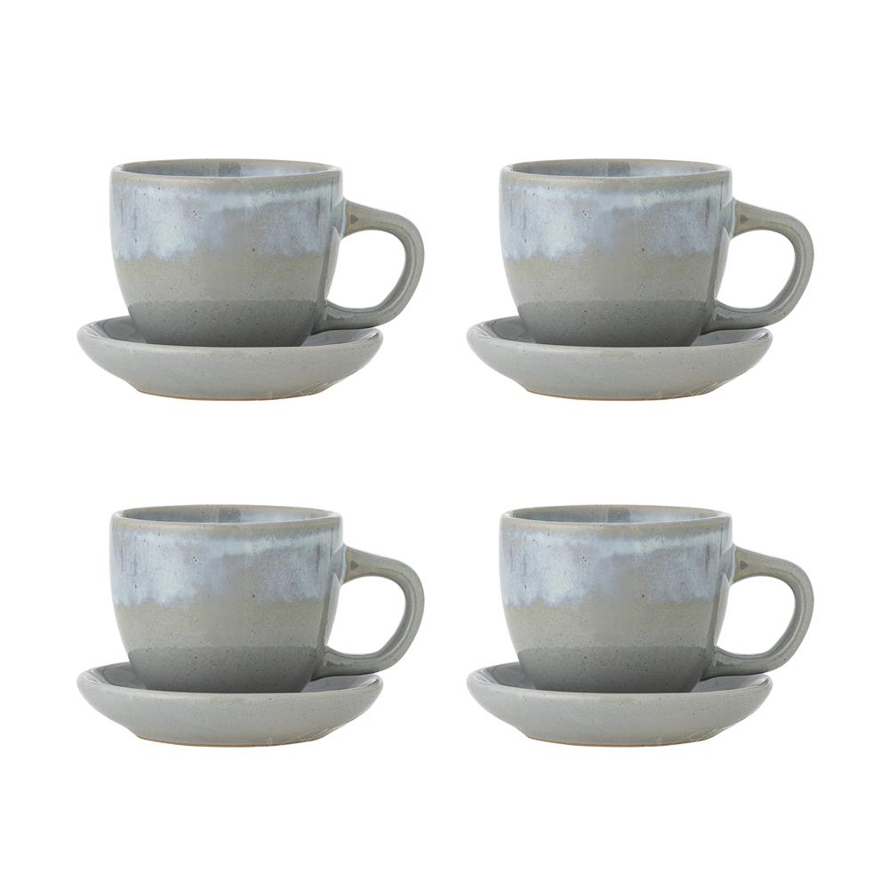 Bloomingville Brenta Tasse mit Untertasse aus Steingut in Blau 185 ml – 4er Set für Küche