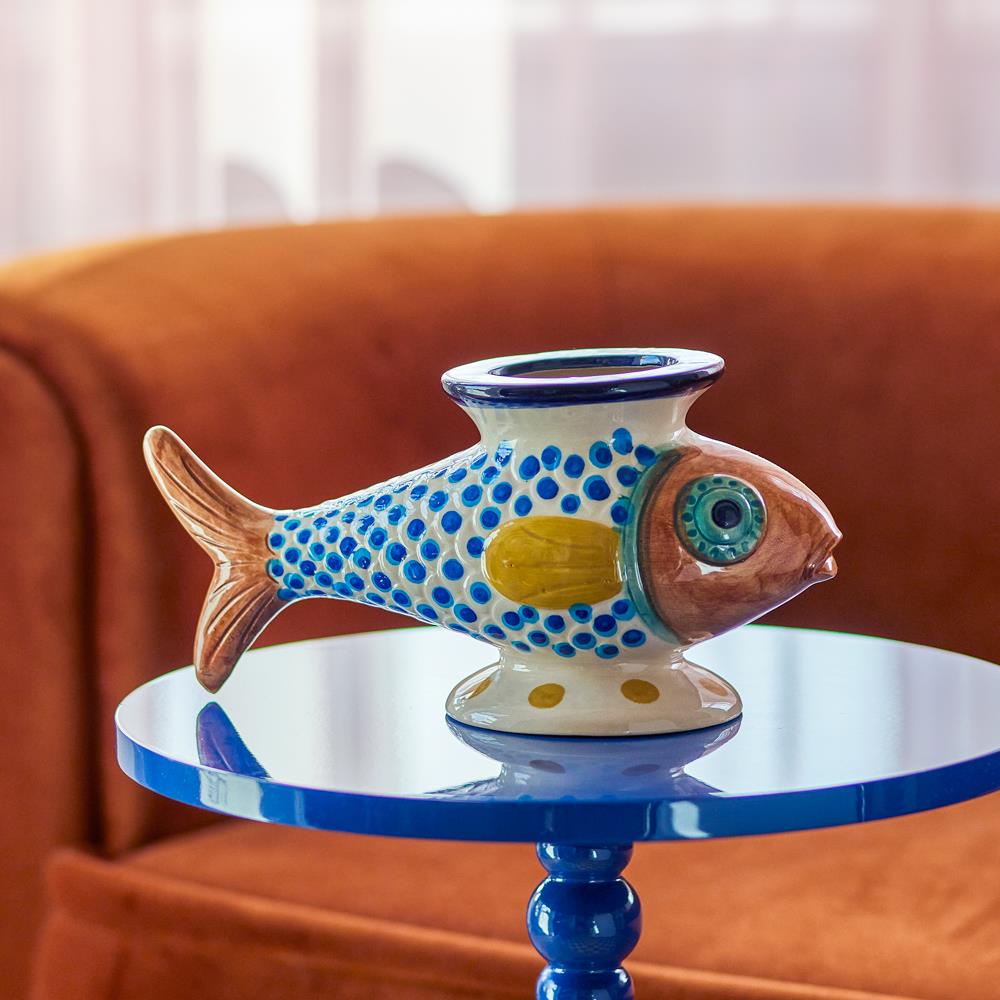 Bloomingville Nobu Vase bunt - Steingut Fisch Vase handbemalt für Wohnzimmer & Deko