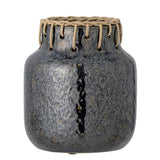 Bloomingville Janel Vase – schwarze Keramikvase mit Rattan-Detail, Ø17xH21 cm