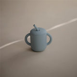 Mushie Silikon-Trinklernbecher mit Strohhalm, Powder Blue, BPA-frei