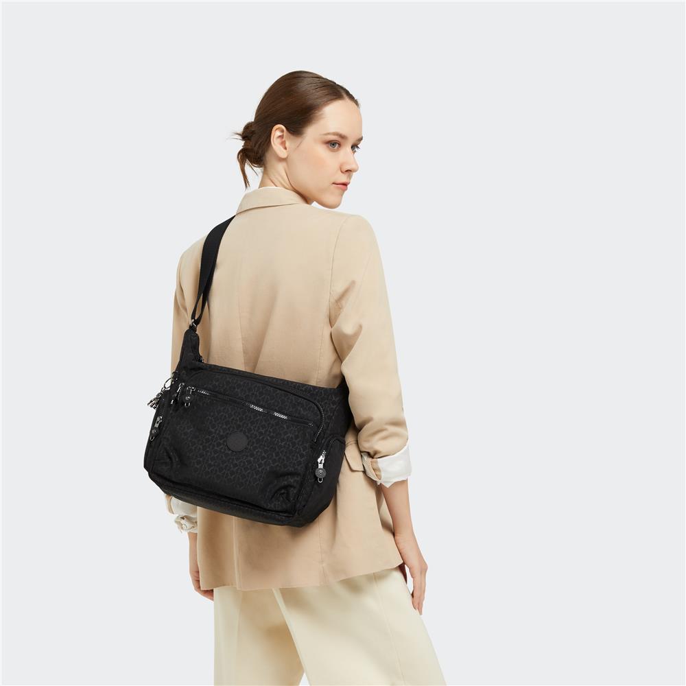 Kipling GABBIE M, Mittelgroße Umhängetasche, Signature Emb (schwarz), Schultertasche mit Reißverschluss
