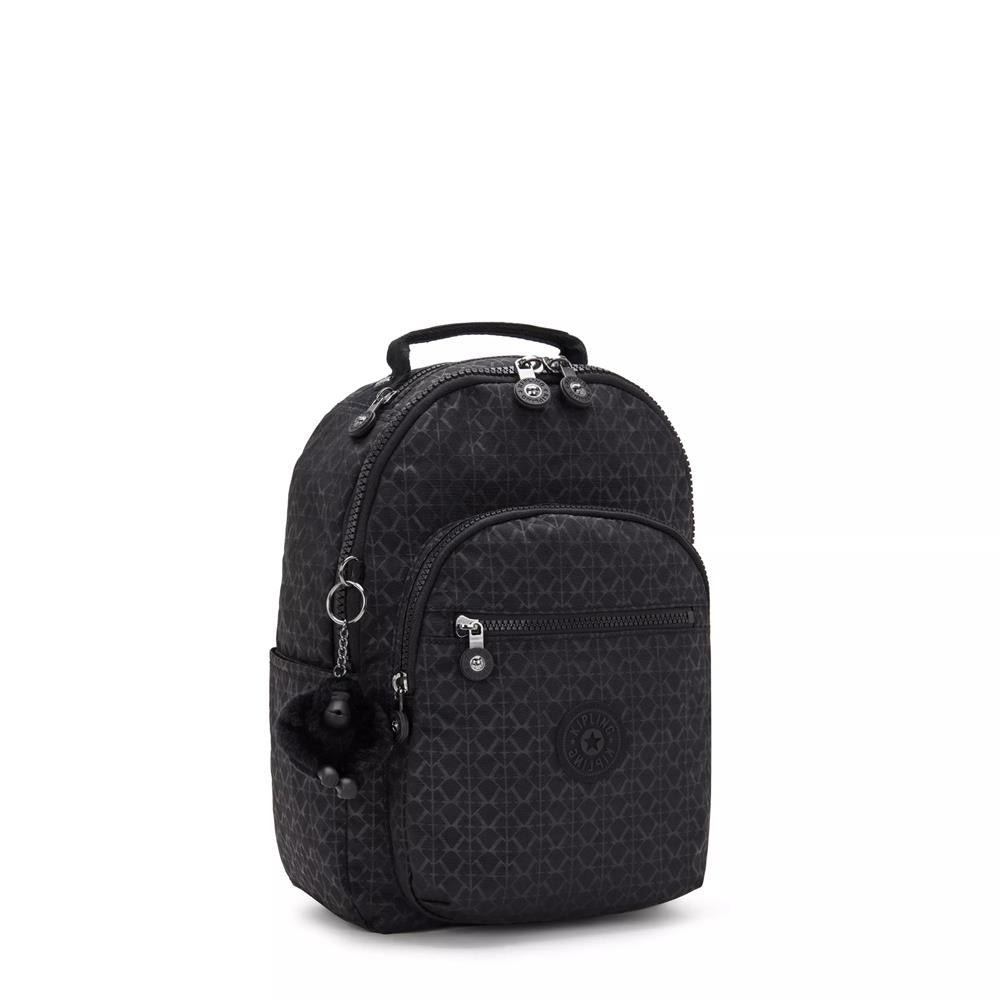 Kipling SEOUL S, kleiner Rucksack, Signature Emb (schwarz), Rucksack mit Tabletfach 11 Zoll